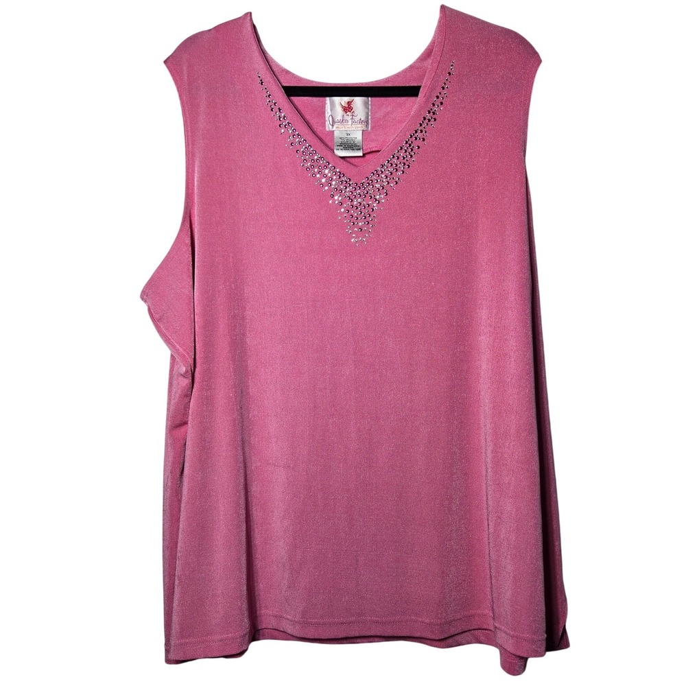 Quacker Factory Pink Rhinestone Vneck Sleeveless Top Plus 3X Stretch Glam Summer
